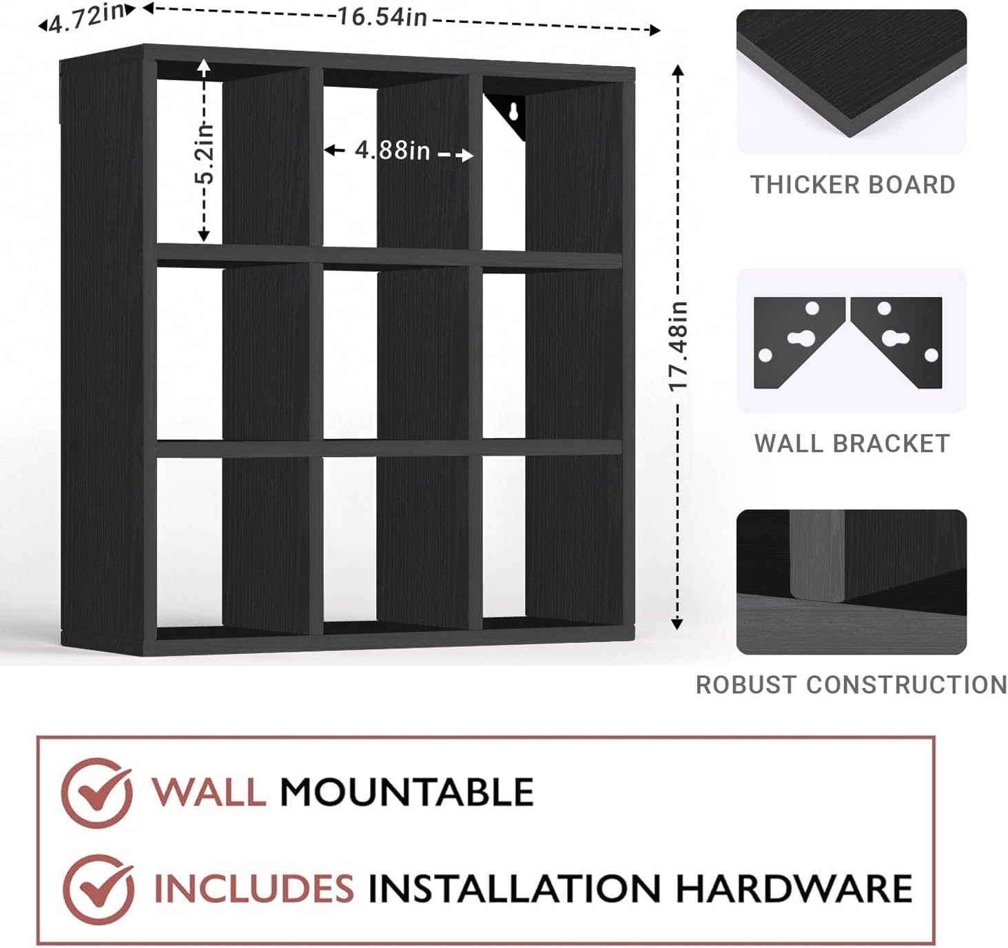 Helsin 9 Grid Vintage Coffee Mug Display Rack, 16inch Wall Mounted Wooden Curio Shadow Box Shelf, Cup Floating Shelves