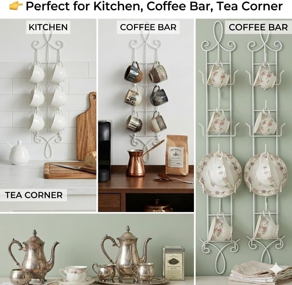 HOHIYA Wall Mount Tea Cup Rack 2 Pack Coffee Mug Organizer White | Organizes teacups, coffee mugs and saucers while