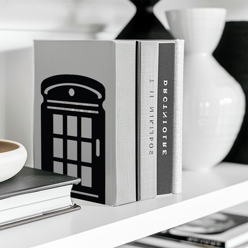 Metal Bookends / Modern Decorative Heavy Duty Study Book Support Stoppers / Telephone Booth