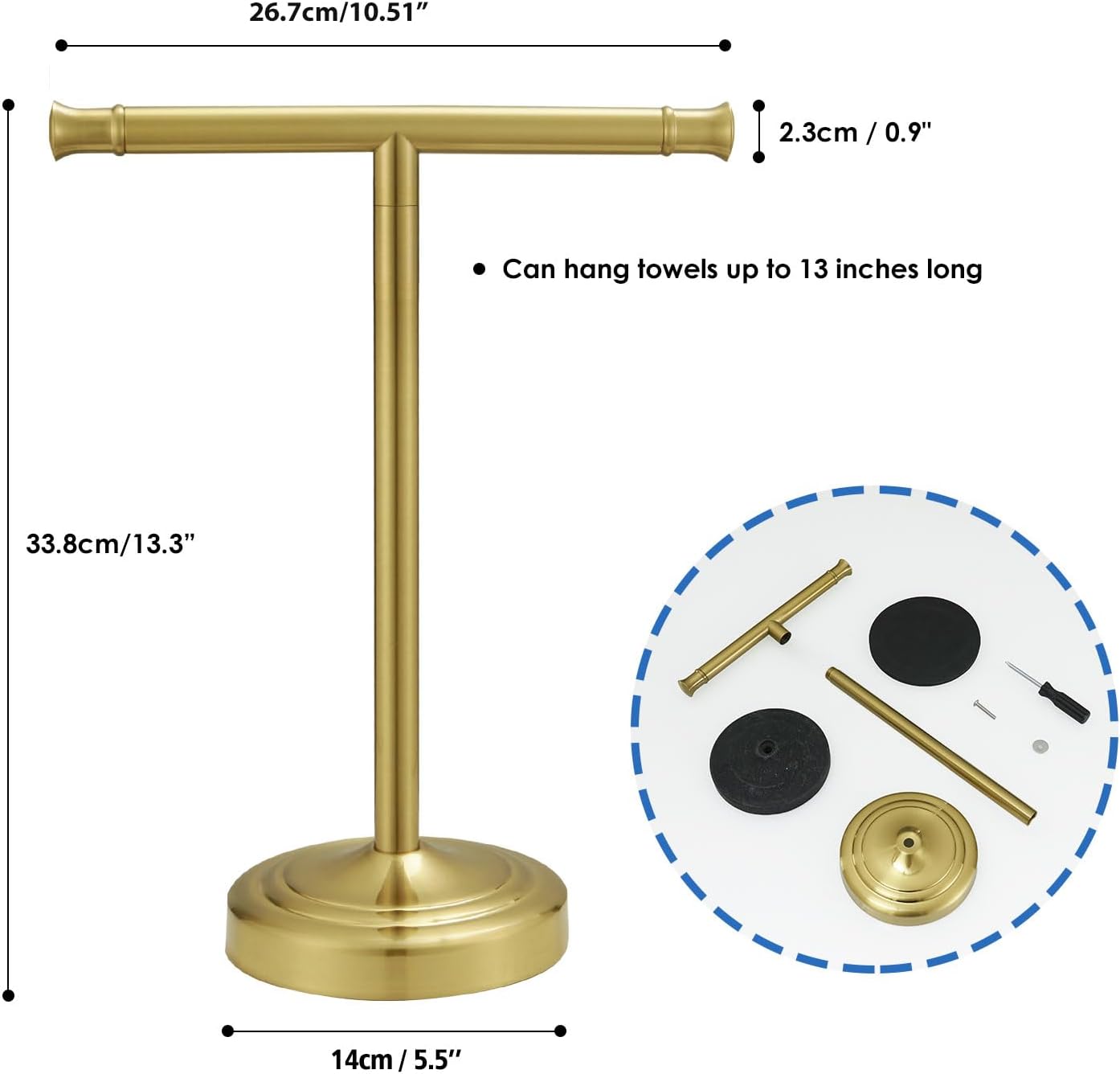 RUMOSE Brushed Gold Hand Towel Holder Stand Countertop Towel Rack | 13 Inch Bathroom Kitchen Vanity T-Shape Towel Stand