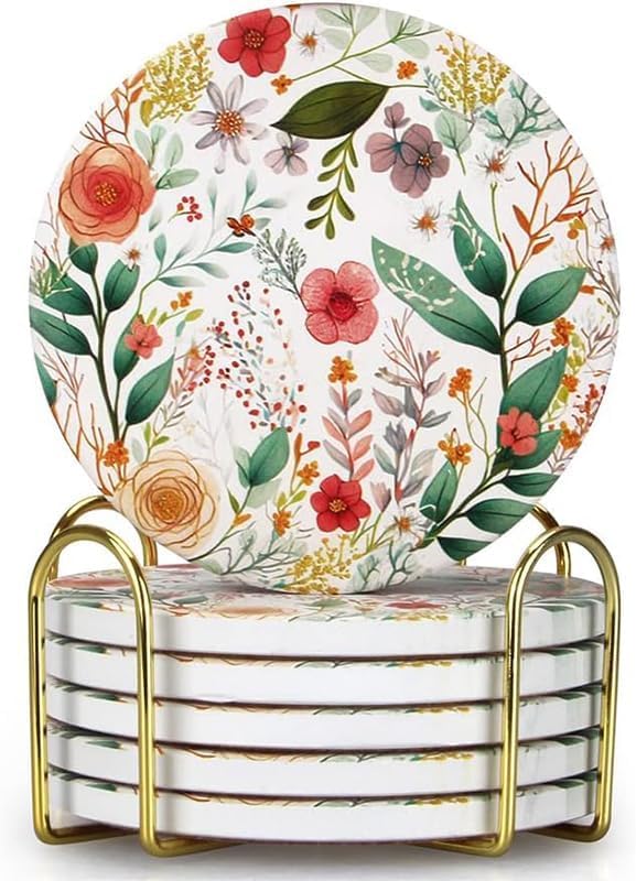 Holder Funny Ceramic Absorbent Coaster Decorative Coffee Table Decor / Flower 1 / Set of 6