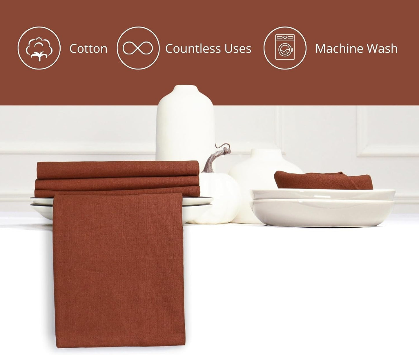 Rust Set of 12 Cloth Dinner Napkins 100% Cotton 18x18 Inch - Soft Durable Washable - Ideal for Farmhouse Party Spring
