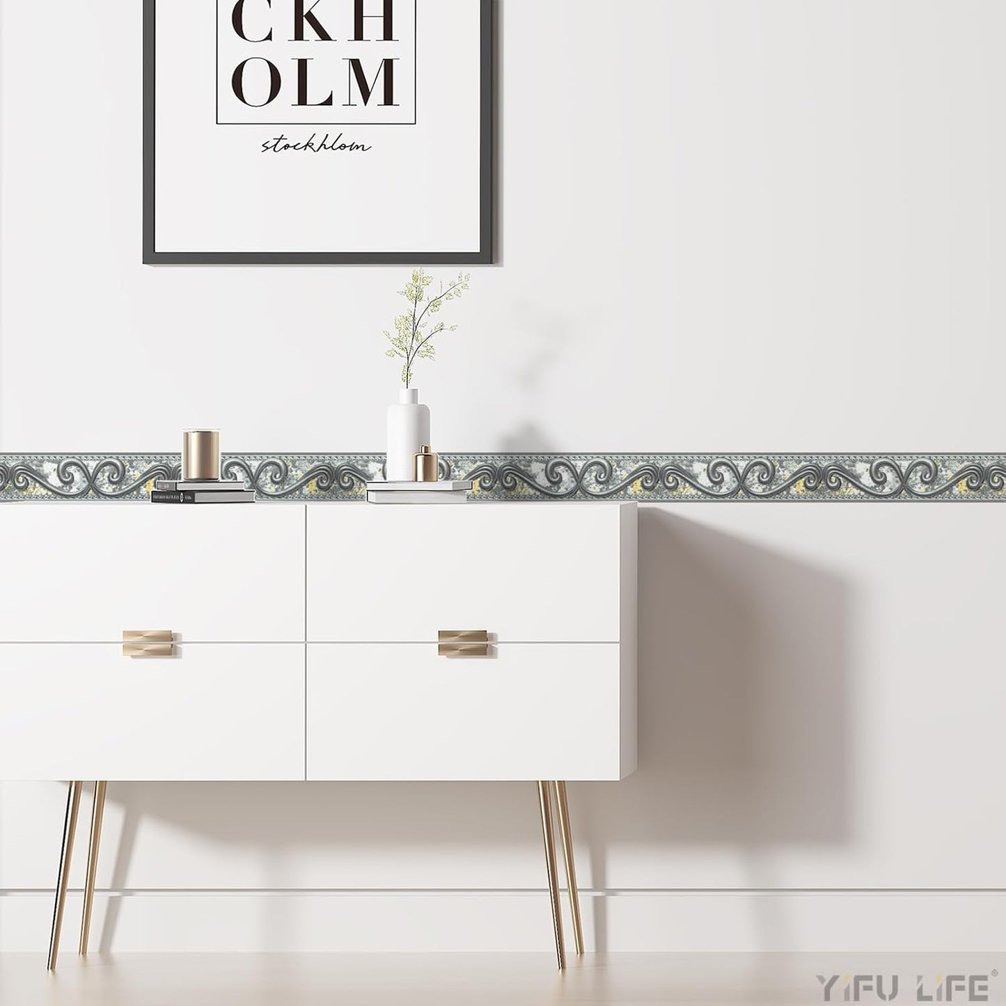 Abstract Curve Grey Removable Self Adhesive Wall Border Decorative Molding Tiles / 2 x 393.7 / Gray