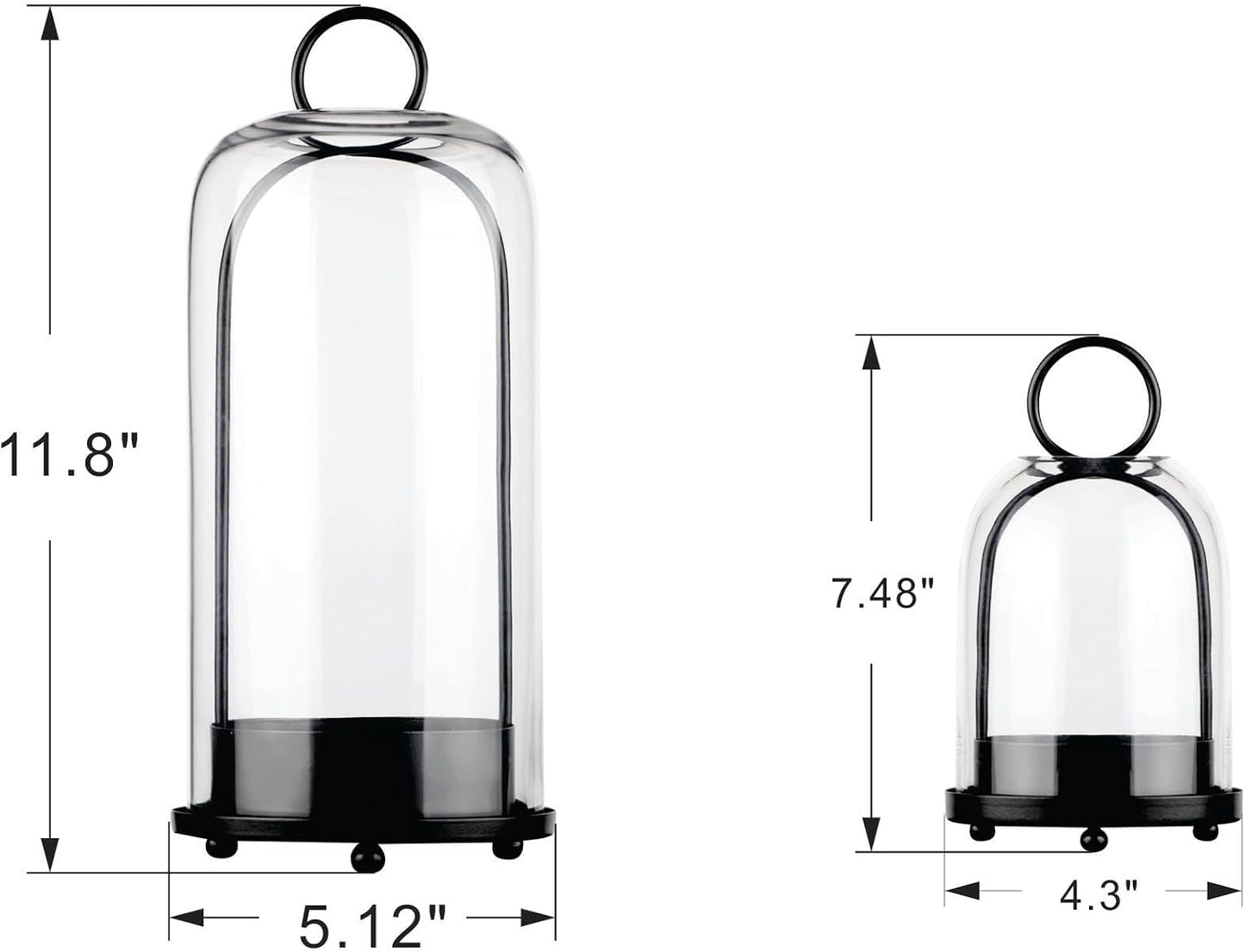 5" & 4" Wide Versatile Metal Candle Holder in Black with Handmade Thick, Heavy & Sturdy Glass Dome for Pillar Candle