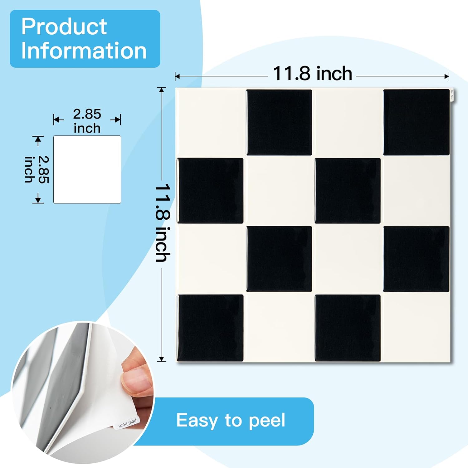 Self-Adhesive Wall Tile Stick on Kitchen Countertop / 12 x 12 / Black/white / Set of 10
