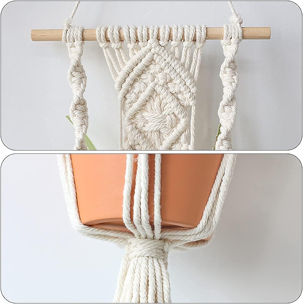 Boho Macrame Plant Hangers / White Wood Hanger / Set of 2