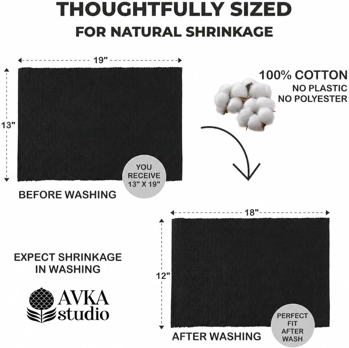 100% Cotton Ribbed Placemats - Set of 6-13 x 19 Inches - Black - Everyday Cloth Table Mats - Thick Construction