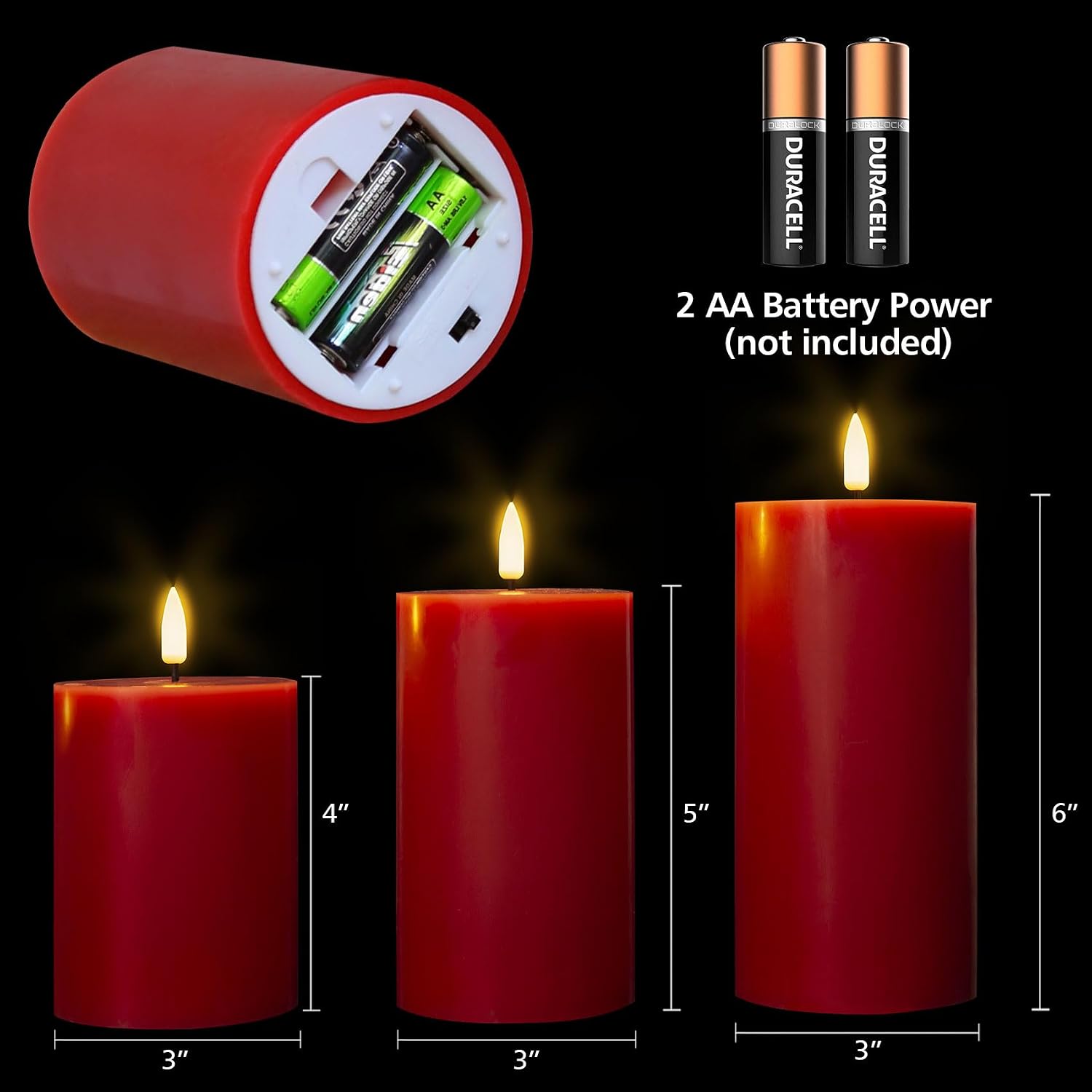 Red Christmas Flameless Pillar Candles with Remote Set of 3 | Flickering LED Wax Candles, Flat Top, 2 AA Battery Power