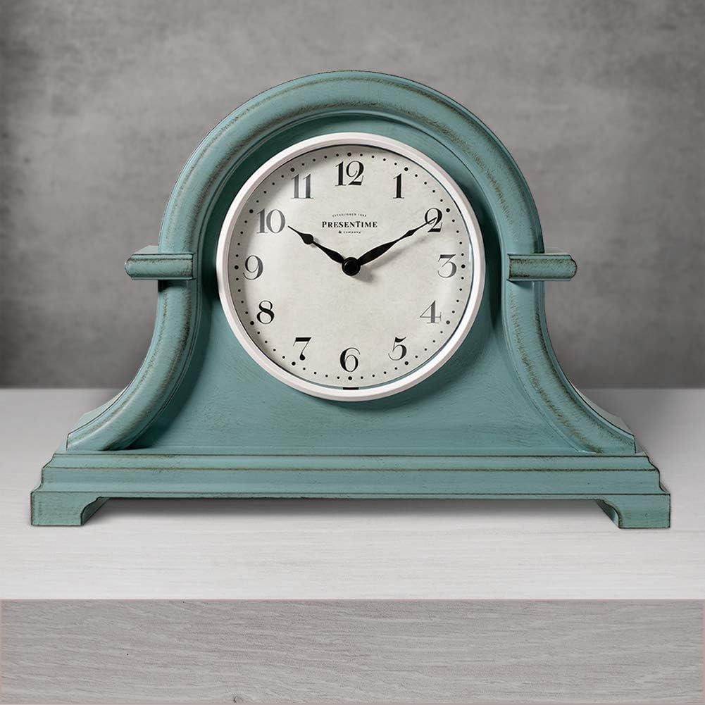 Napoleon Mantel, Desk & Shelf Clock, Vintage | 13 x 10 inch, Domed Lens, Quartz Movement, ABS Plastic Case, Aged Teal