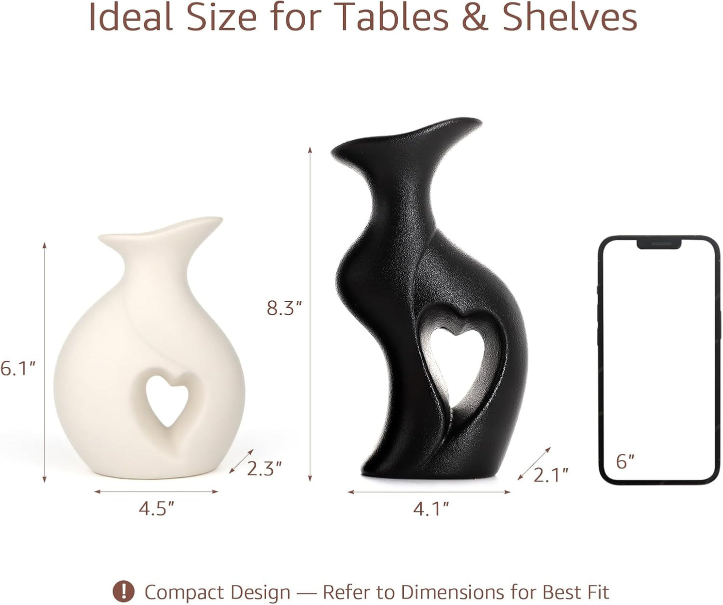 Ceramic Vase Hollowed Heart Flower Vase Set for Modern Nordic Boho Home Decor / Black&white