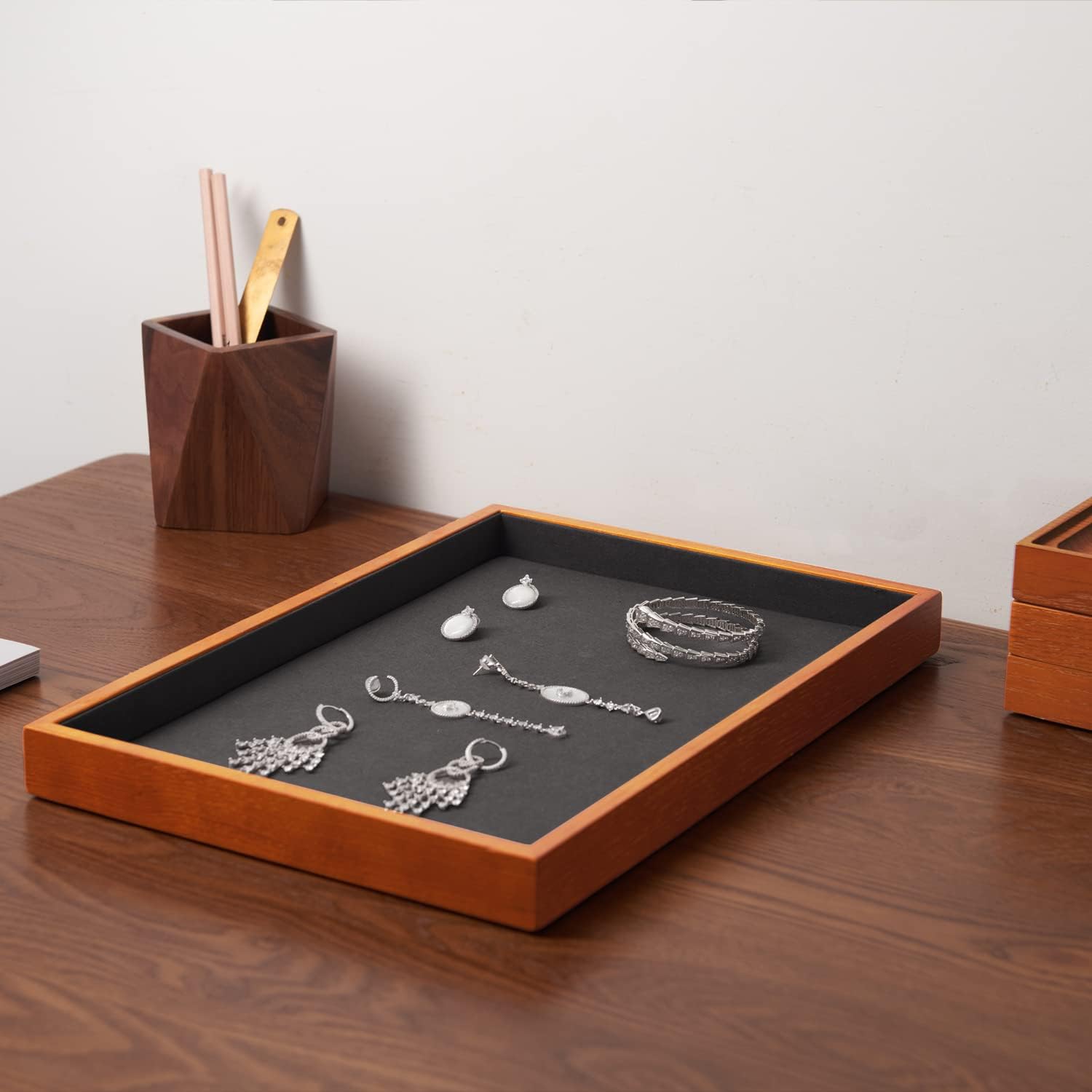 Wood Flat Jewelry Tray Stackable Jewelry Drawer Organizer Showcase Jewelry Holder / Grey Flat Tray