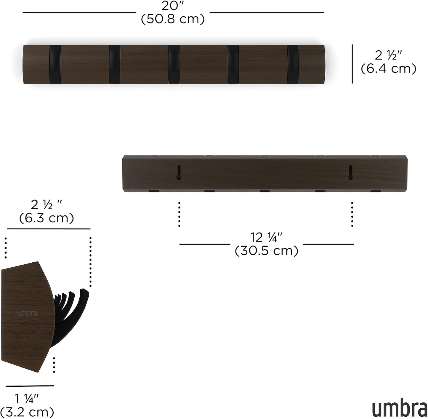 Umbra Flip Coat Rack, Wall Mounted 5-Hook Space Saving, Walnut/Black | Real wood and steel build, retractable hooks