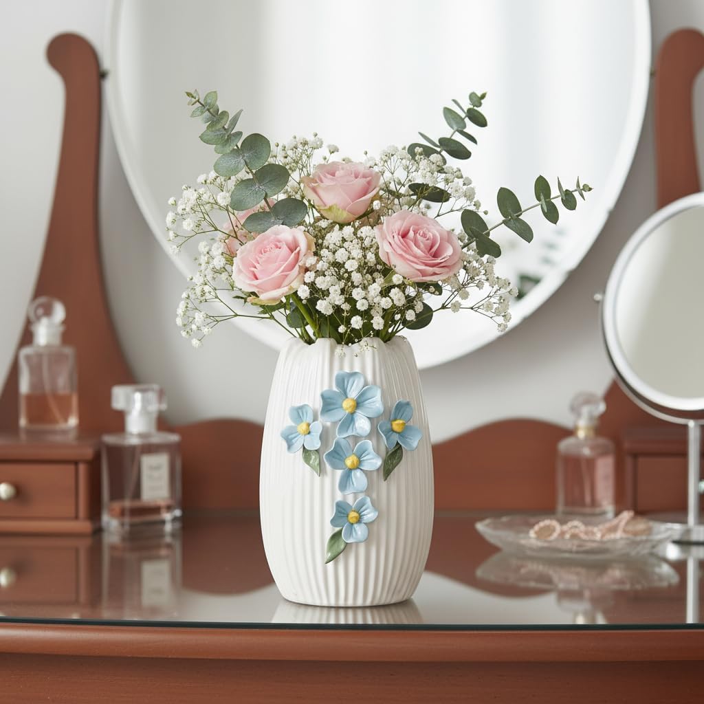 White Ceramic Vase / White and Light Blue / 7 Inch