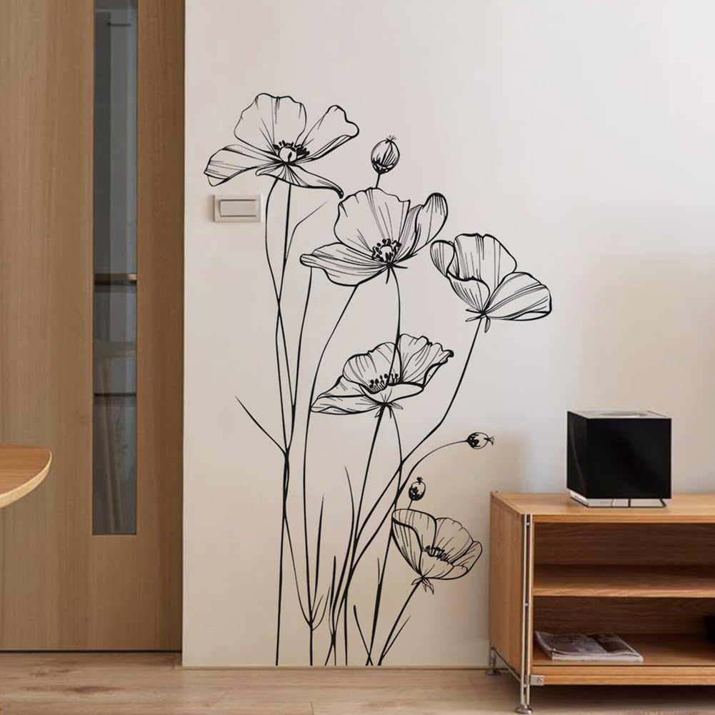 White Poppy Flower Wall Decal Minimalist Sketch Botanical Wall Art PVC Peel Stick Wall / B / Black
