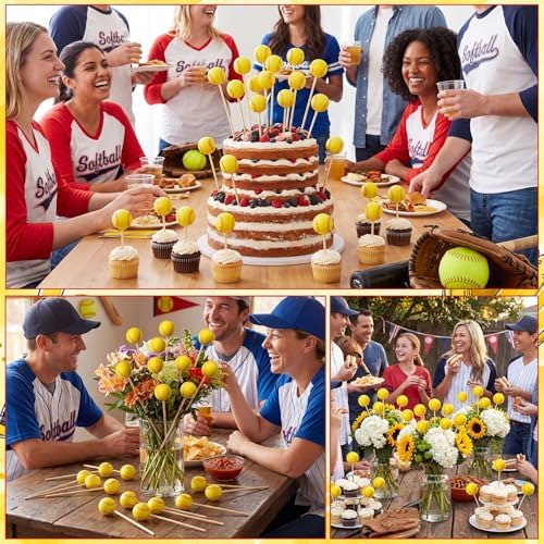 Soulchen 24 Pcs Softball Centerpiece Sticks Set 1.57inches Softball Balls with 7.87inches Sticks for Softballs Themed Party Decorations Sports Banquet Table Centerpieces Team Event Decor