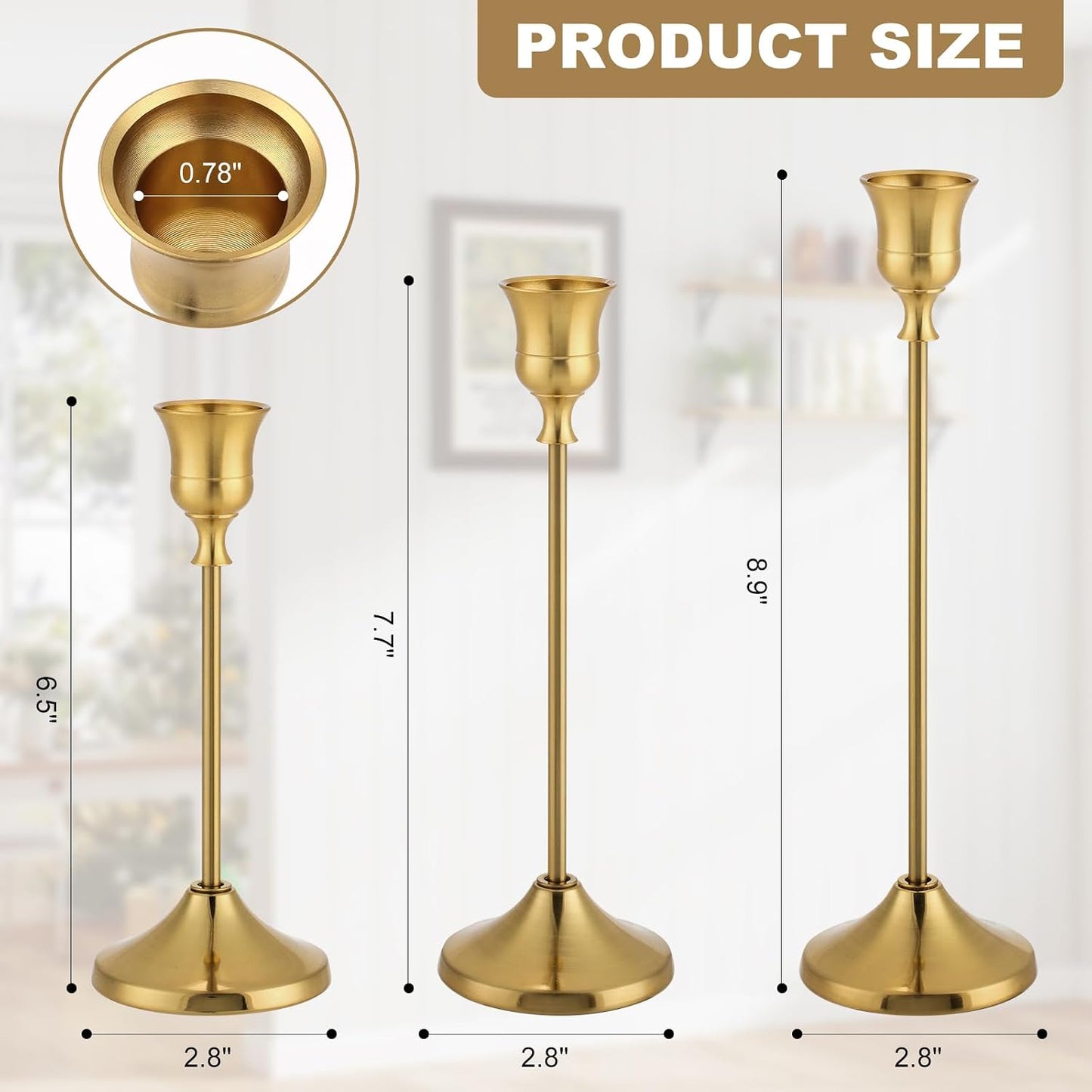 Candlestick Holders, 6PCS Metal Taper Candle Holder, Brass Gold Candle Holders for Candlesticks, Candle Holder for