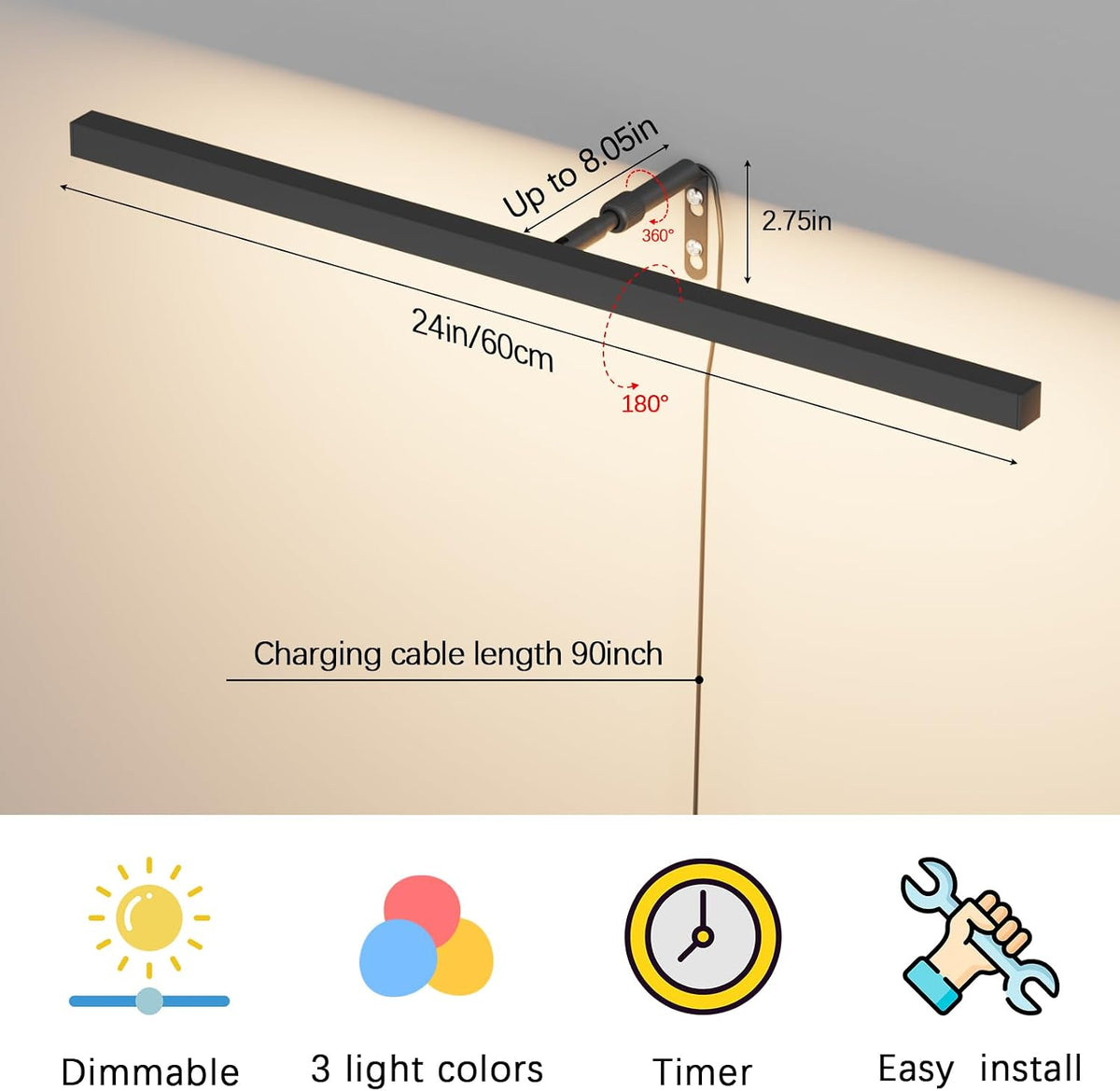 24" Plug in Picture Light for Paintings with Remote Control, 9W LED Art Display Lighting for Gallery, Dartboard