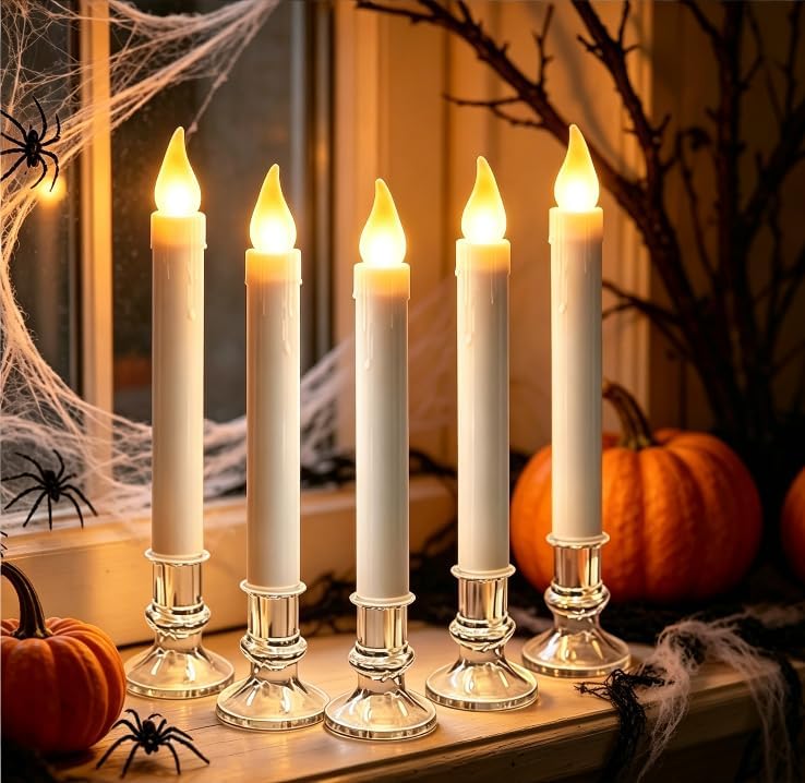 Christmas Window Candles, 9.3in Flameless Taper, Silvery, 6pcs