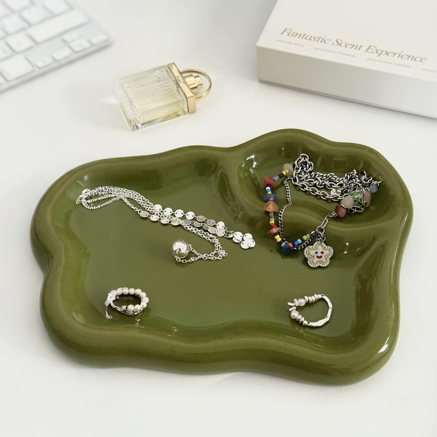Green Ceramic Jewelry Tray Dish Large-sized Display Organizer Trinket Watch Keys / Olive Green