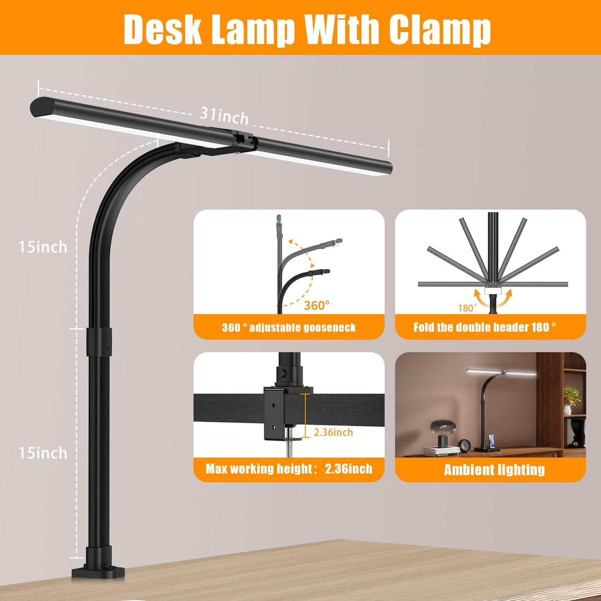 AKRRYR Led Desk Lamp for Home Office,24W Bright Eye-Caring Desk Light with Clamp,5 brightness and 5 temperatures