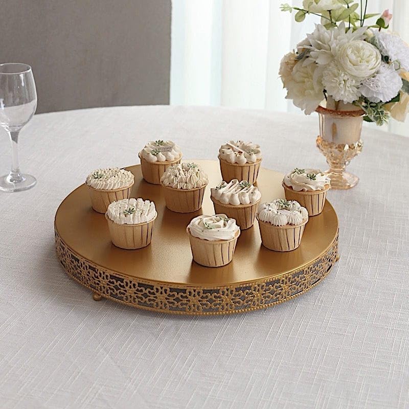 in Metal Fleur De Lis Round Cake Stand Dessert Display Pedestal / Gold / 16 Inch