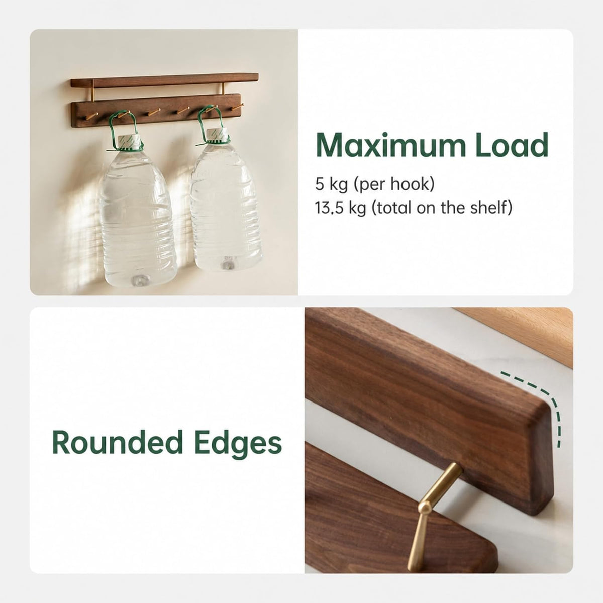Walnut Wall Hooks with Shelf, Coat Rack Wall Mount, Entryway Hanging Shelf with 7 Brass Hooks for Hats, Clothes