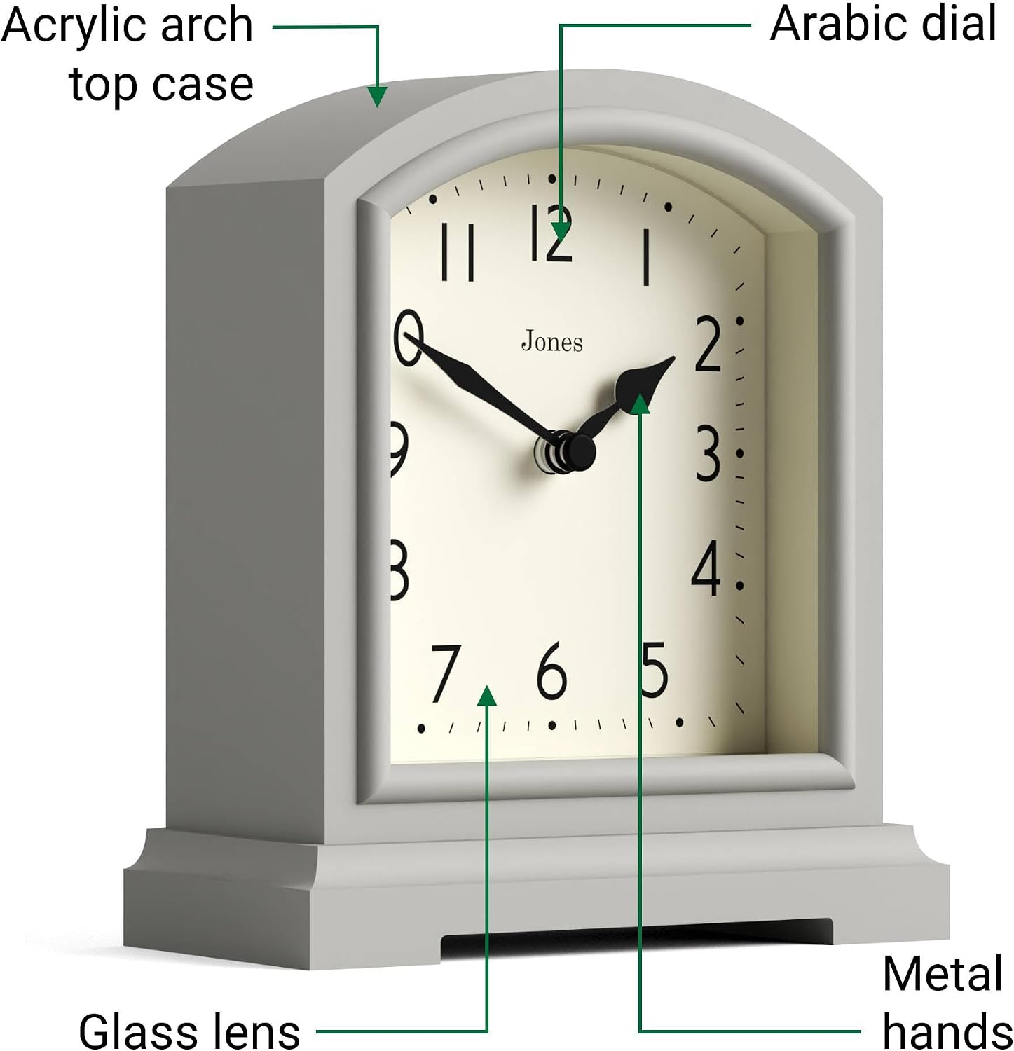 JONES CLOCKS® Tavern Mantel Clock | Modern Arch top Design | Pale Gray | Contemporary Classic Style for Desk, Table