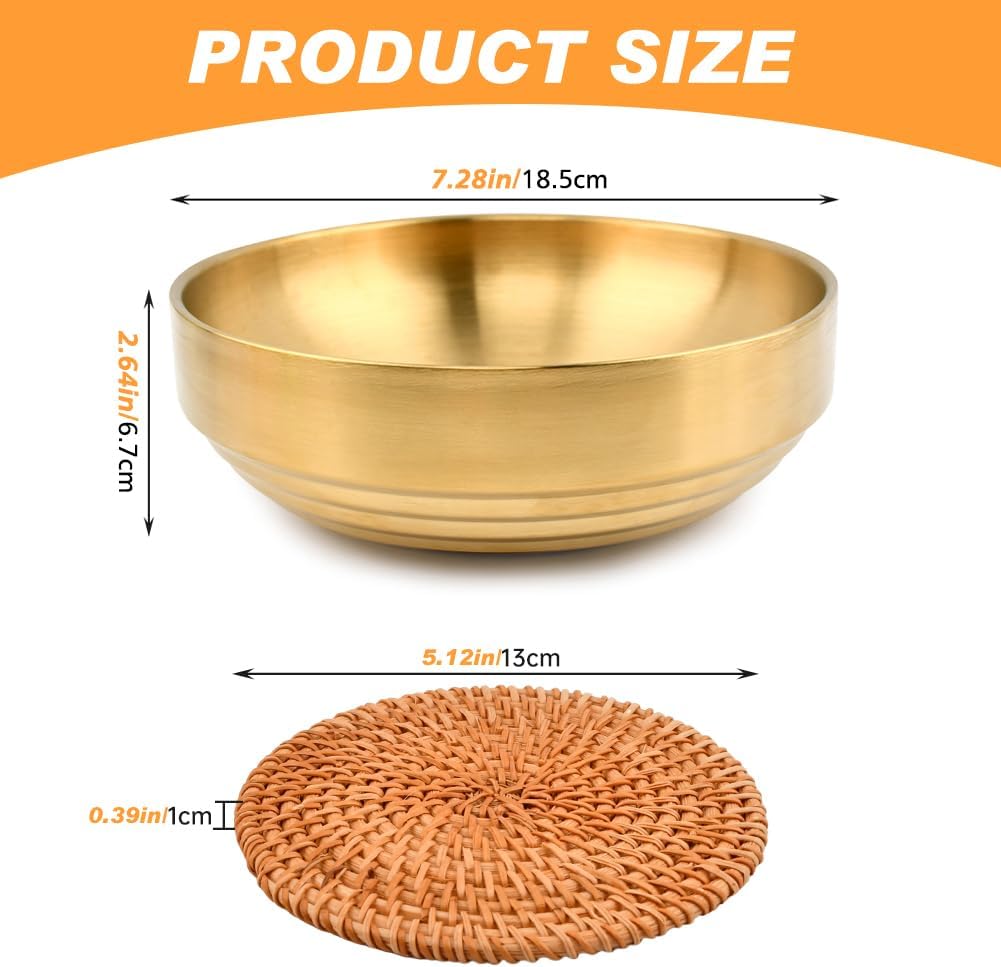 w/Rattan Coaster / 7.4inch Gold Key Bowl, Rattan Coaster / 7.4 Inch