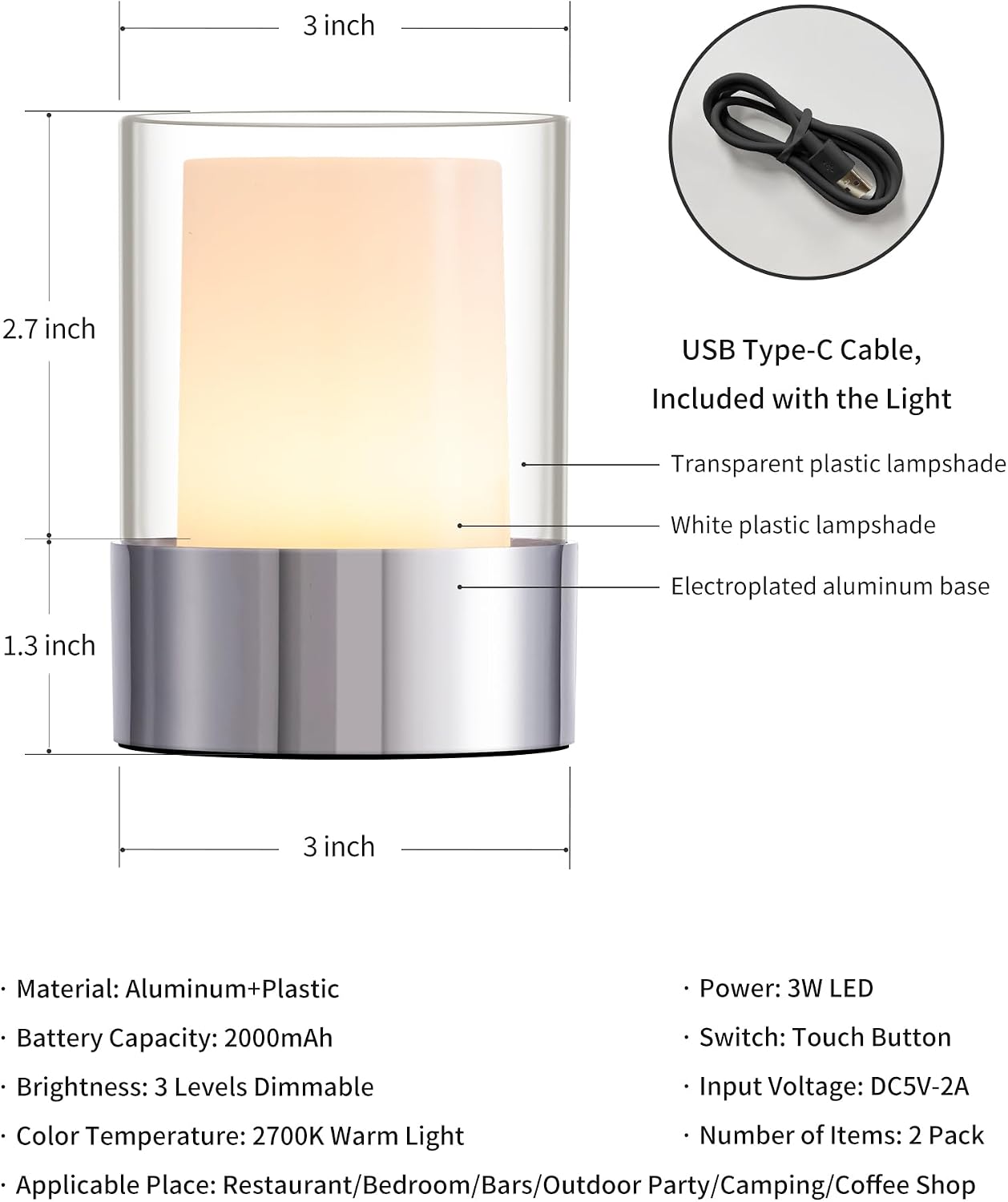 4" Chrome Cordless Table Lamp 2 Pack, Outdoor Rechargeable Lamp | LED, Battery Operated, Portable, Touch Night Light