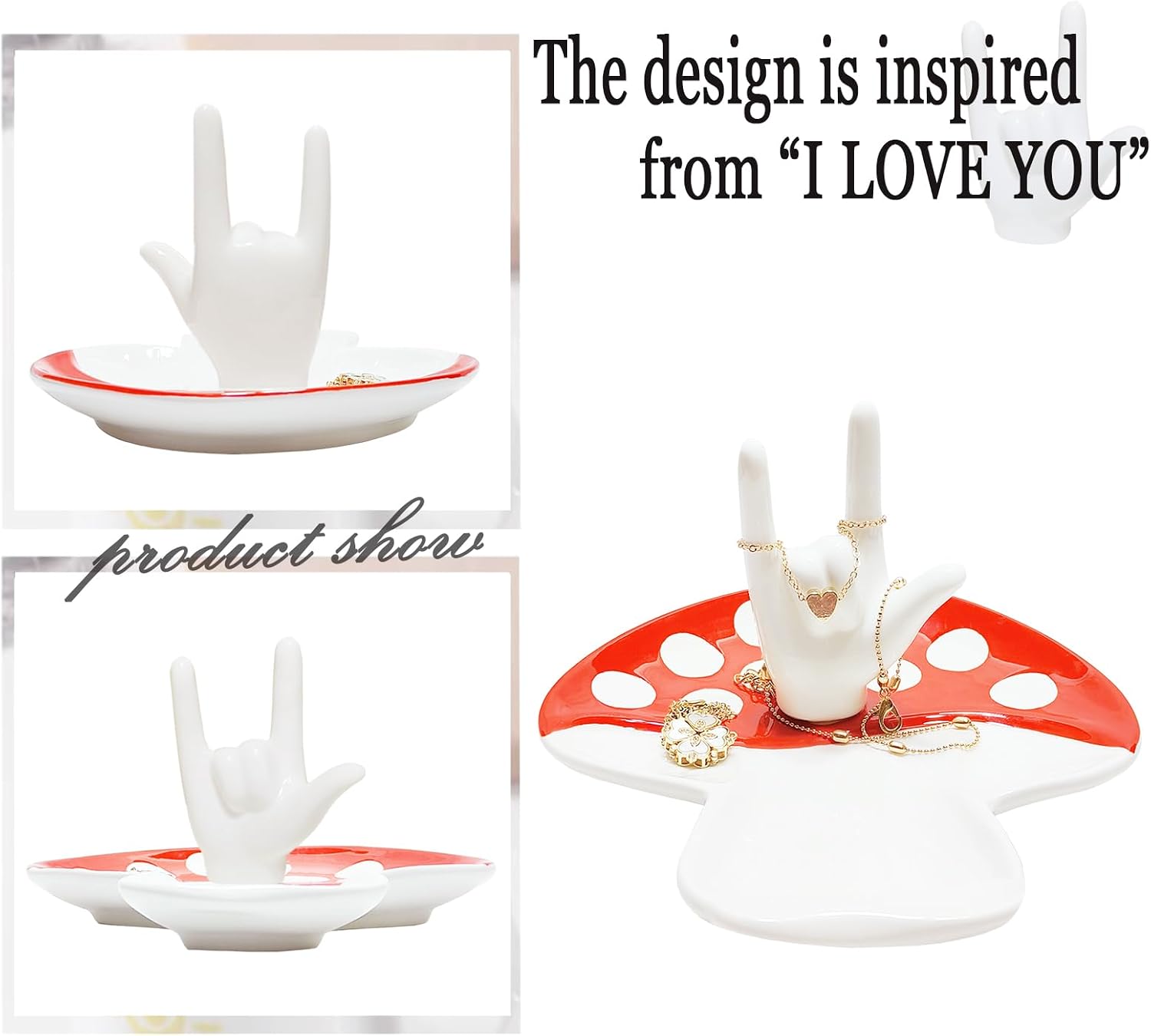 Ring Holder I LOVE YOU Hand Ring Dish Ceramic Jewelry Tray Decor for Necklace Rings / Mushroom