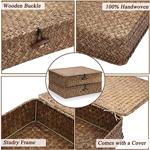Hipiwe 2 Packs FLat Woven Wicker Basket Bin with Lid, Large Seagrass Baskes