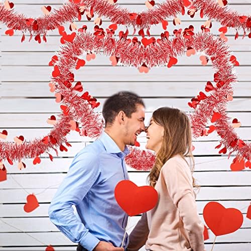 FOIMAS 33FT Valentine's Day Tinsel Garland,Heart Metallic Twisted Hanging Garland for Home Wedding Decoration Party Supply,Red & White