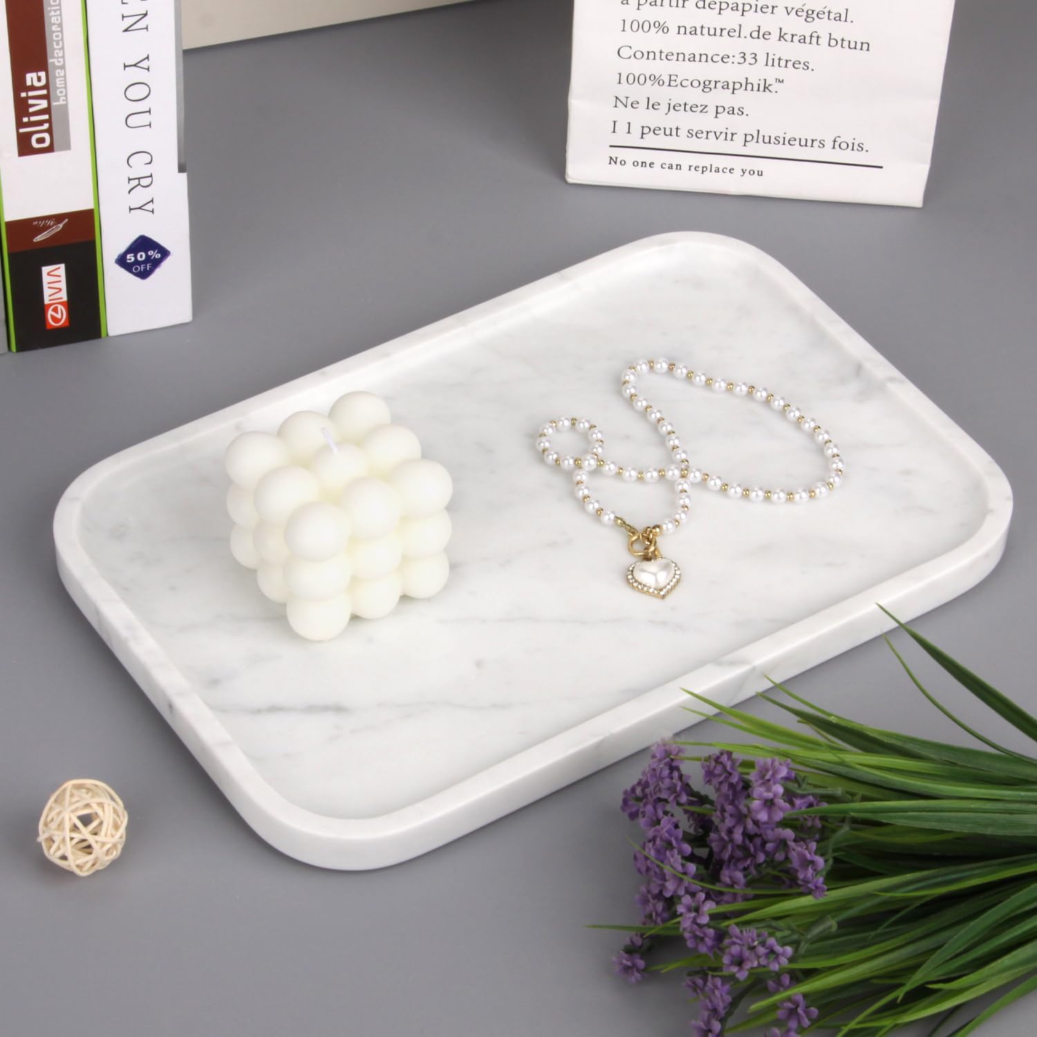 Marble Bathroom Vanity Tray / Carrara White L / 8 x 0.7 x 12