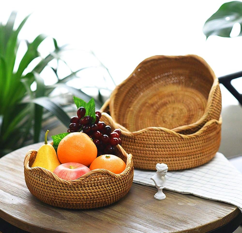 Handmade Rattan Round Fruit Basket Food Storage Bowls Kitchen Organizer Snack Serving Bowl / Small
