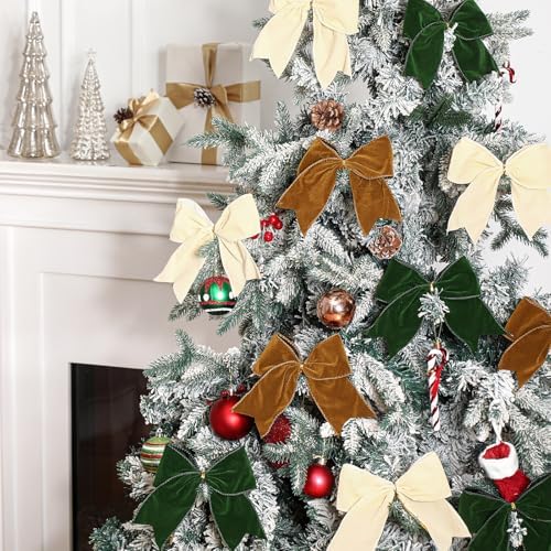 Janinka 12 Pcs Christmas Velvet Bows Milky White Brown Green 6 Inch