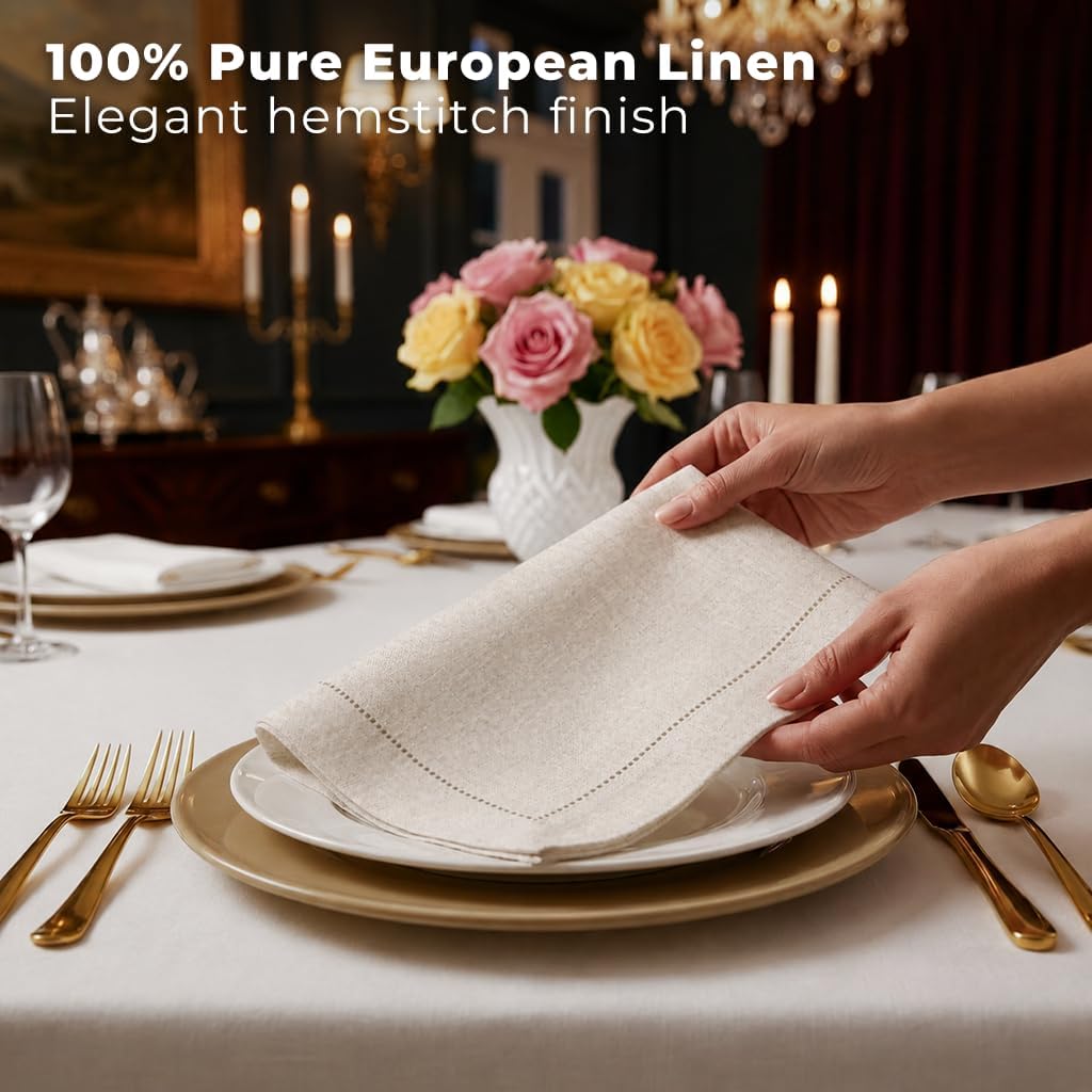 Signature Linen™ by D'Moksha Light Natural Dinner Napkins Set of 4, 20 x 20 Inch Cloth Napkins, 100% Pure Linen