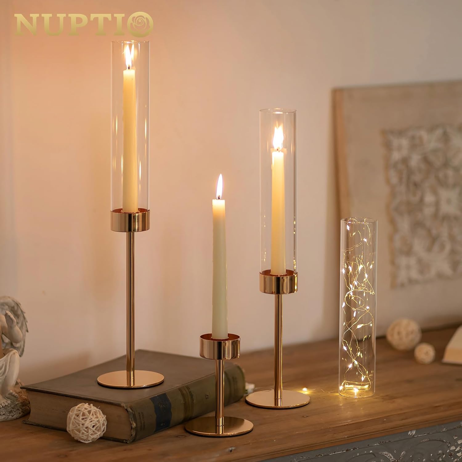 NUPTIO Hurricane Candle Holder for Candlestick, 6 Pcs Gold Candle Holders | Tall Taper Candle Holder with Cylinder