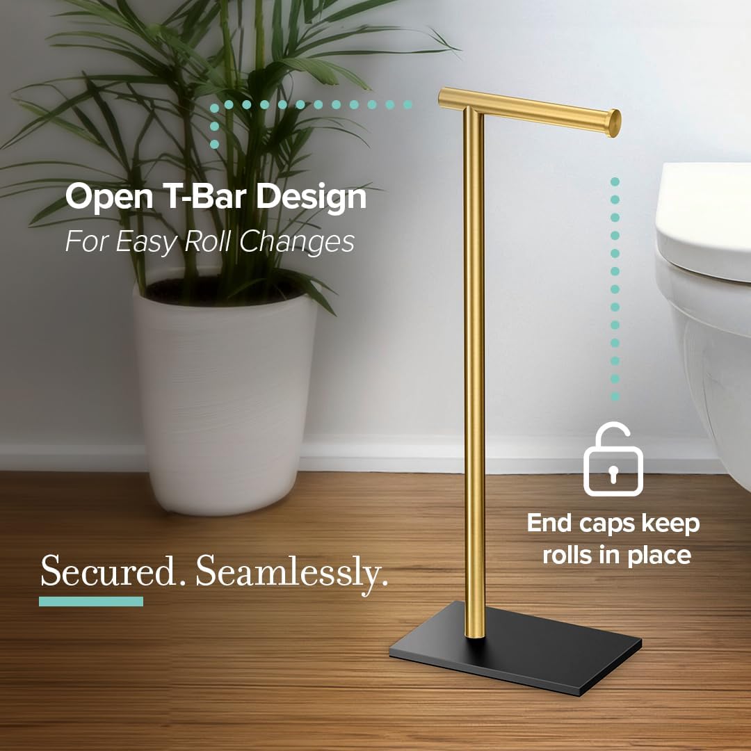 Gatco 1431MXB Modern Rectangle Base Freestanding Toilet Paper Holder, Matte Black/Brushed Brass, Weighted Base, 21.25"