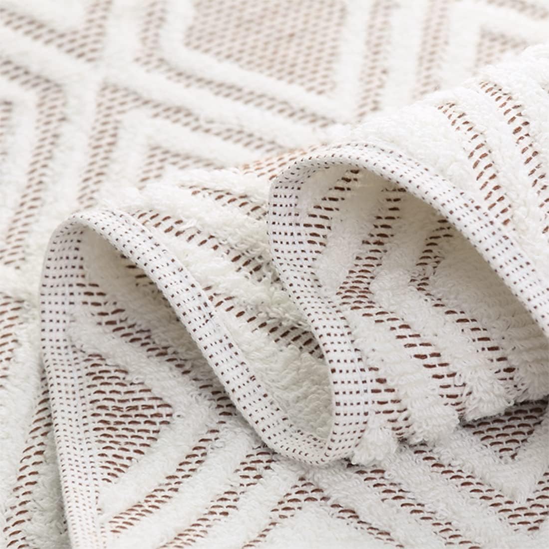 Bath Hand Towel Set of 3 Diamond Pattern 100% Cotton Absorbent Soft Decorative Towels for Bathroom (Beige Brown)