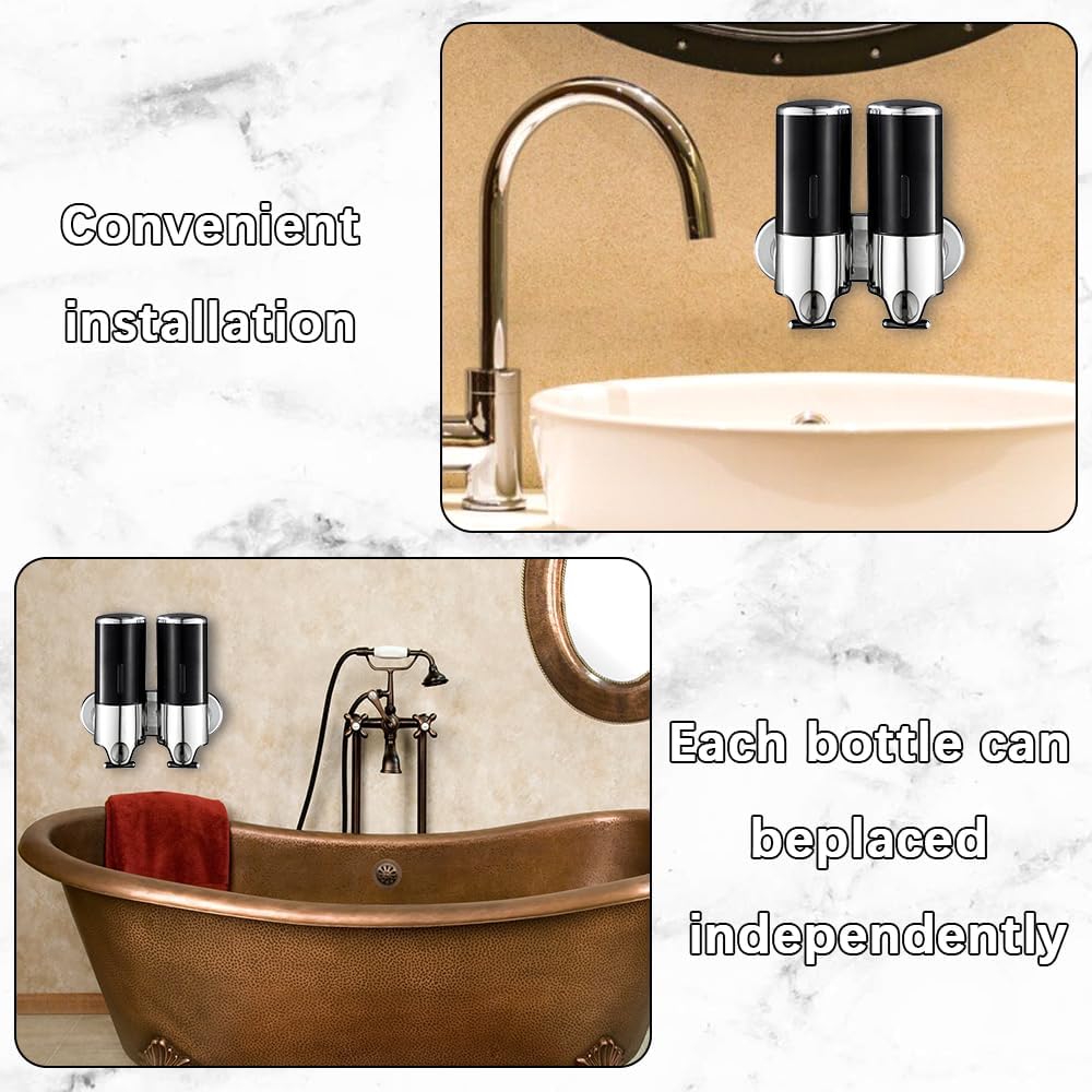 2 in 1 Chamber Wall Mounted Shampoo and Conditioner Dispenser (Black) | No Drill Shower Soap Dispenser for Bathroom &