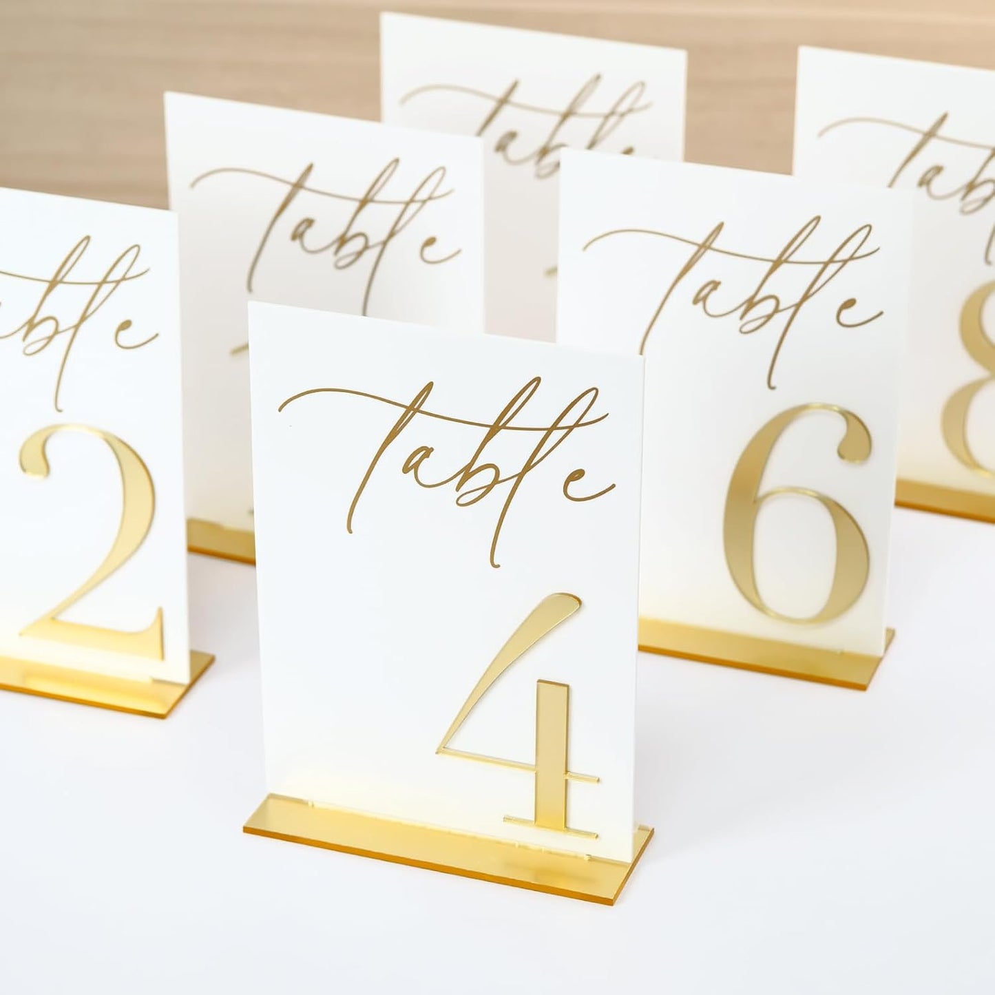 Acrylic Wedding Table Numbers 1-20 with Stands, 5"x7" White Acrylic Signs with 3D Gold Mirror Numbers, White and Gold