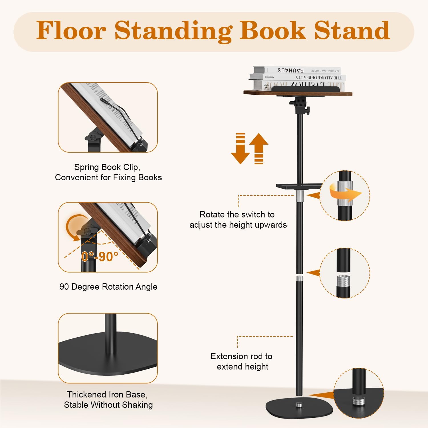 Snughome Floor Book Stand with Removable Tray, Wood Standing Book Stand for Reading, Height Adjustment 21"-51", Music
