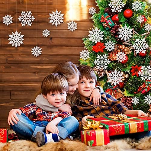 46Pcs Plastic Snowflake Ornament Christmas Glitter Snowflake Hanging Christmas Tree Decorations with Silver Rope for Winter Decorations Tree Window Door Accessories (White)