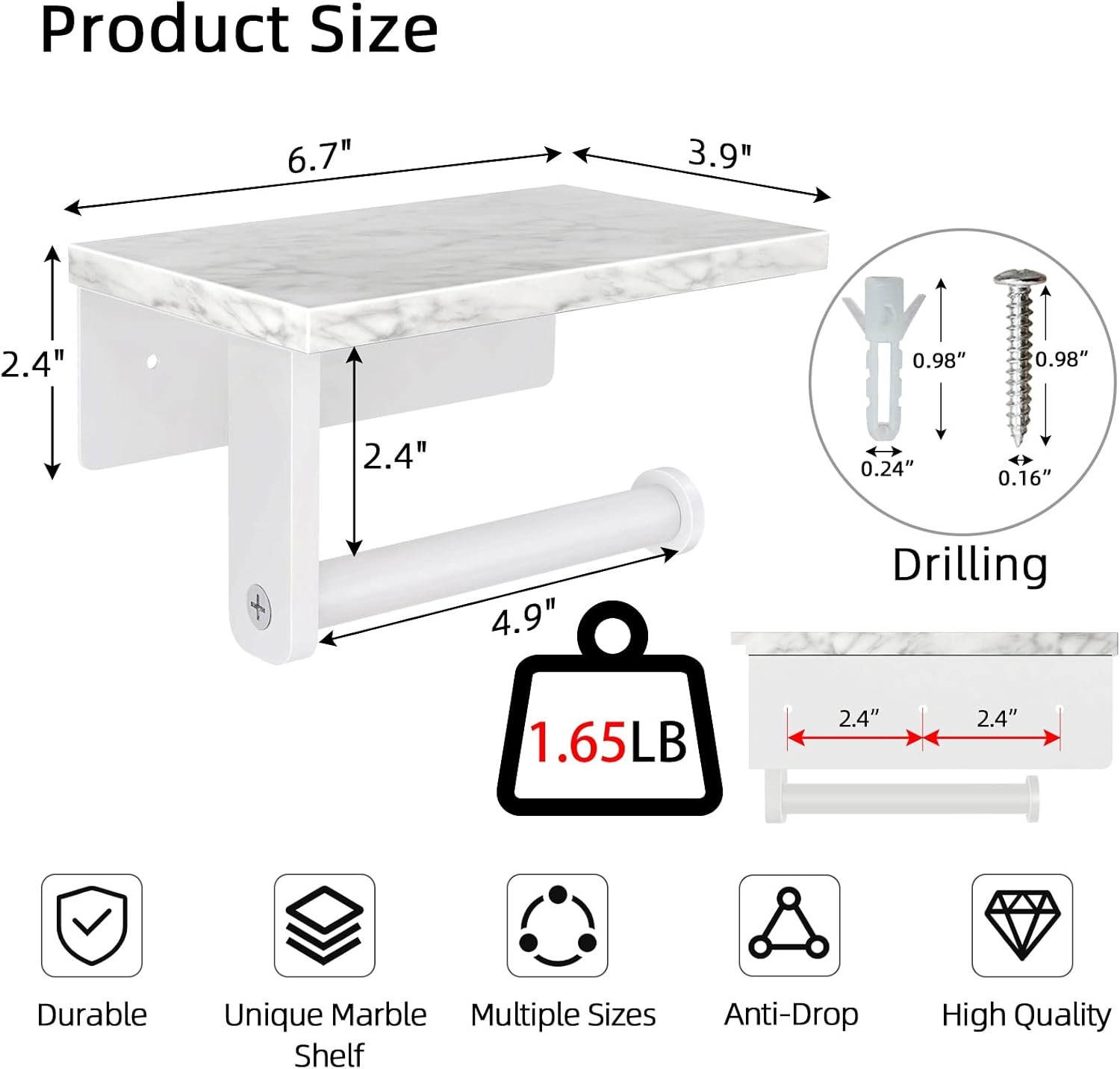 Gypie Toilet Paper Holder with Marble Shelf, Wall Mounted White | Stainless Steel, Tissue Roll Paper Holder Dispenser