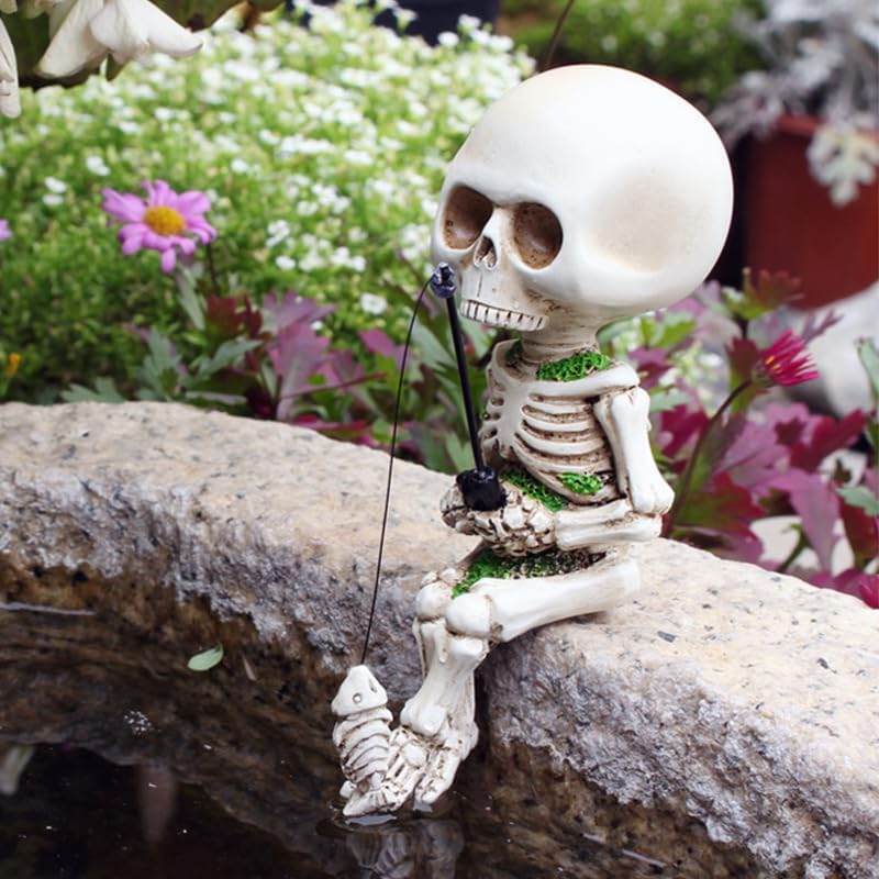 Fishing Skeleton Statue Halloween Decor, 4.5 Inch Skull Fisher Figurine