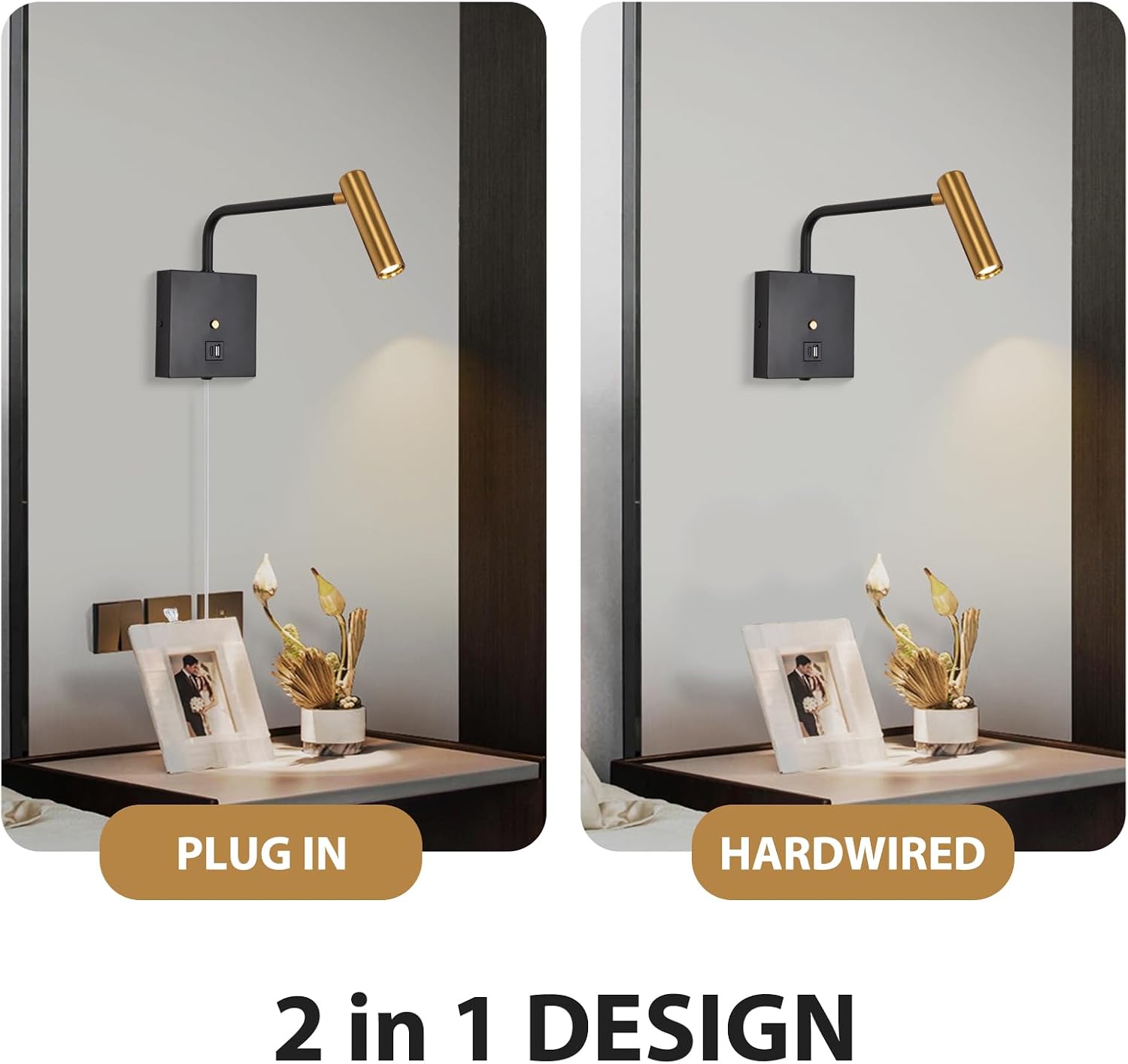 ZEROUNO LED Wall Lamp Wall Mounted Reading Lights, Dimmable Adjustable Headboard Plug in Wall Sconce with USB C+A