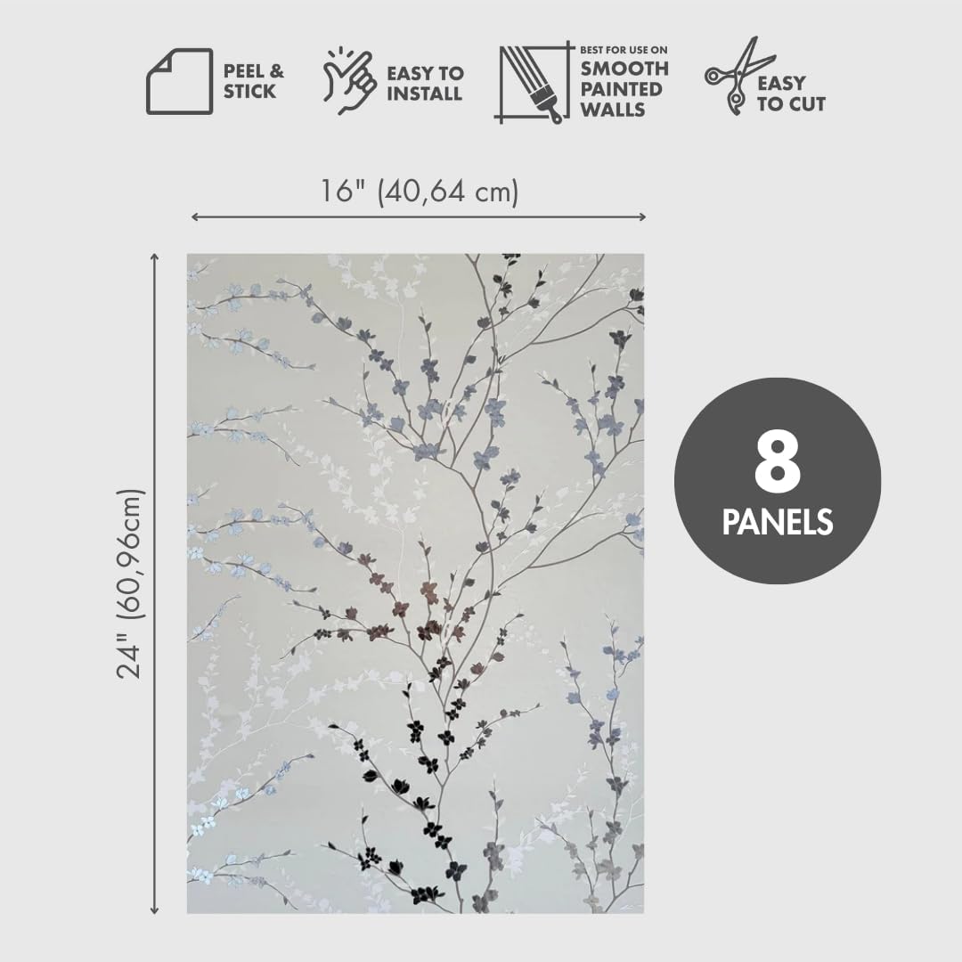 Peel and Stick Wallpaper Panels in West Coast Branch Floral Design / Sage Green / 16 x 24 / Set of 8