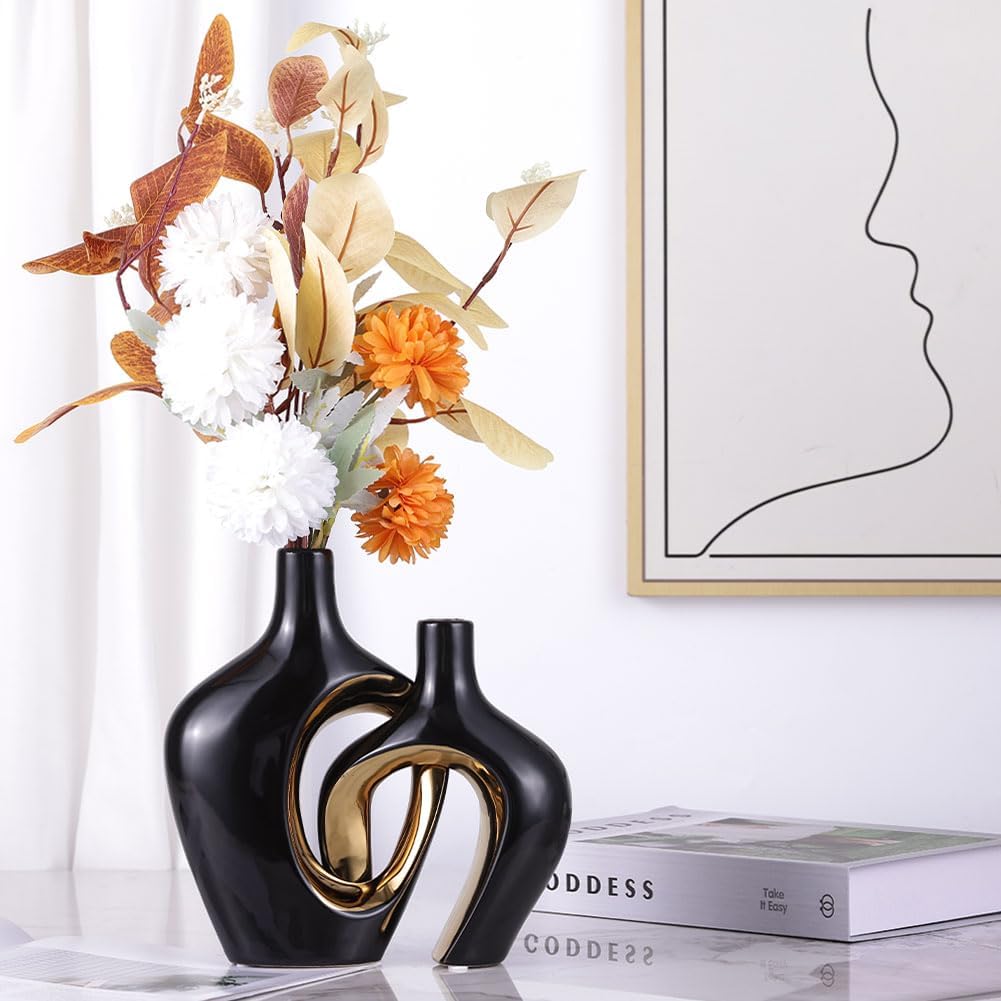 Hollow Ceramic Vase / Black and Gold / Set of 2