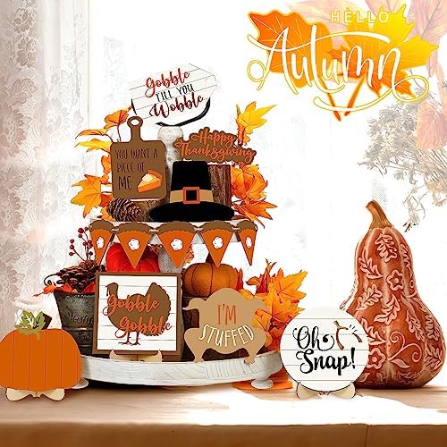 Tradder 13 Pcs Thanksgiving Tiered Tray Decor Fall Farmhouse Wood Signs