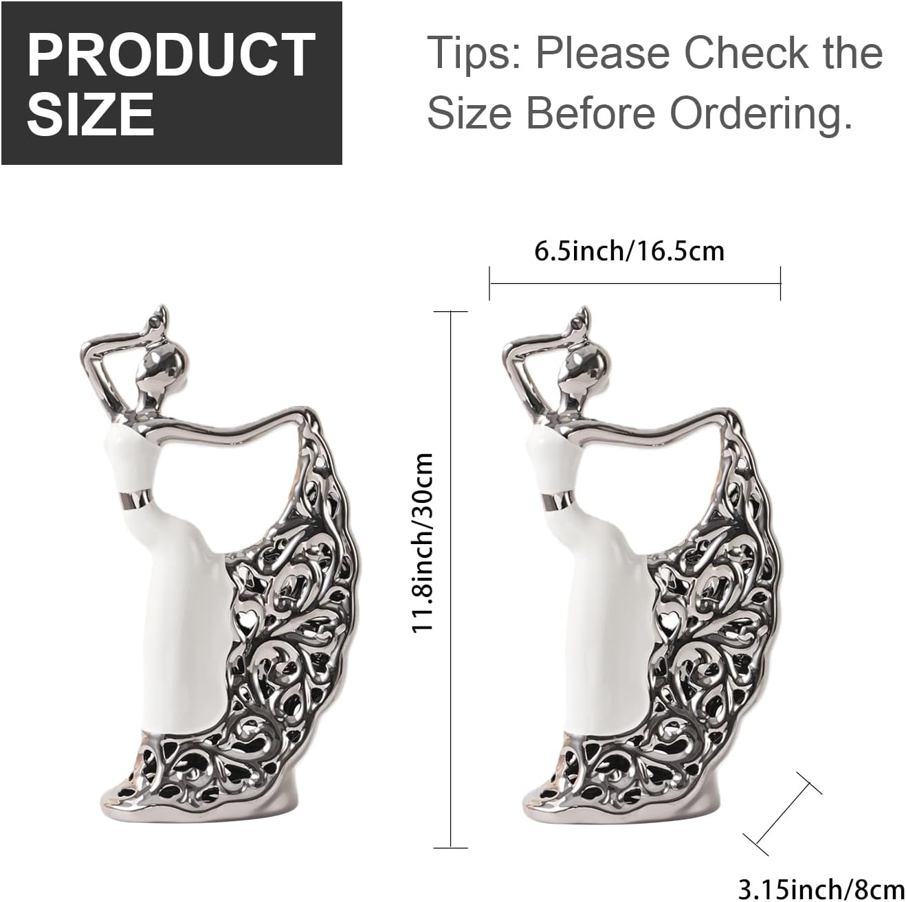 Ceramic Statues Home Decor / White and Silver / Set of 2